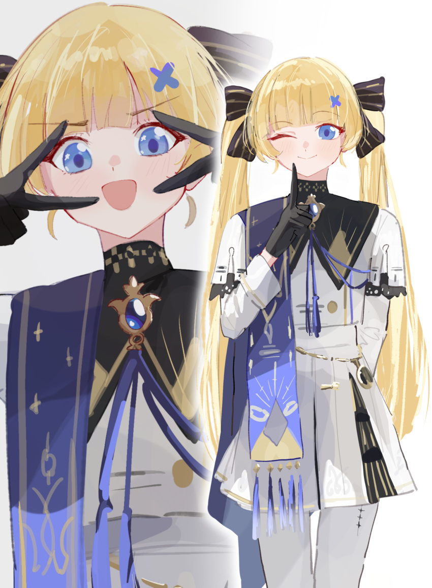 1girl, :d, absurdres, alternate_hairstyle, black_bow, black_collar, black_gloves, blue_eyes