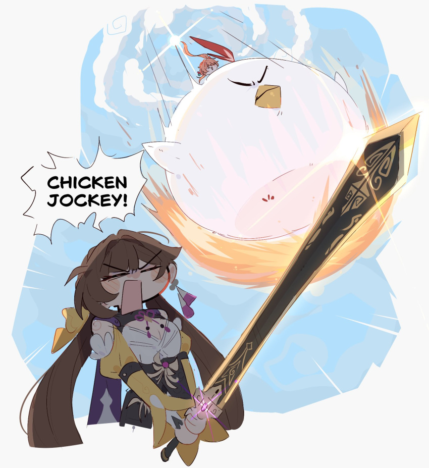 2girls, a_minecraft_movie, bird, blue_sky, brown_hair, chicken, chicken_jockey_(meme), closed_eyes