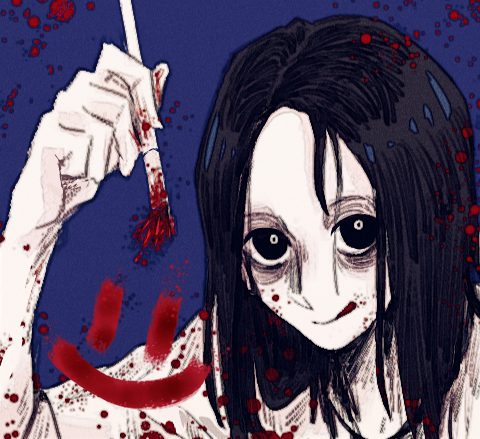 1girl, blood, chinese_commentary, holding, holding_paintbrush, lether, licking_lips, long_hair, lowres, mona_lanius_(the_painter), paintbrush, painting_(action), the_painter, tongue, tongue_out