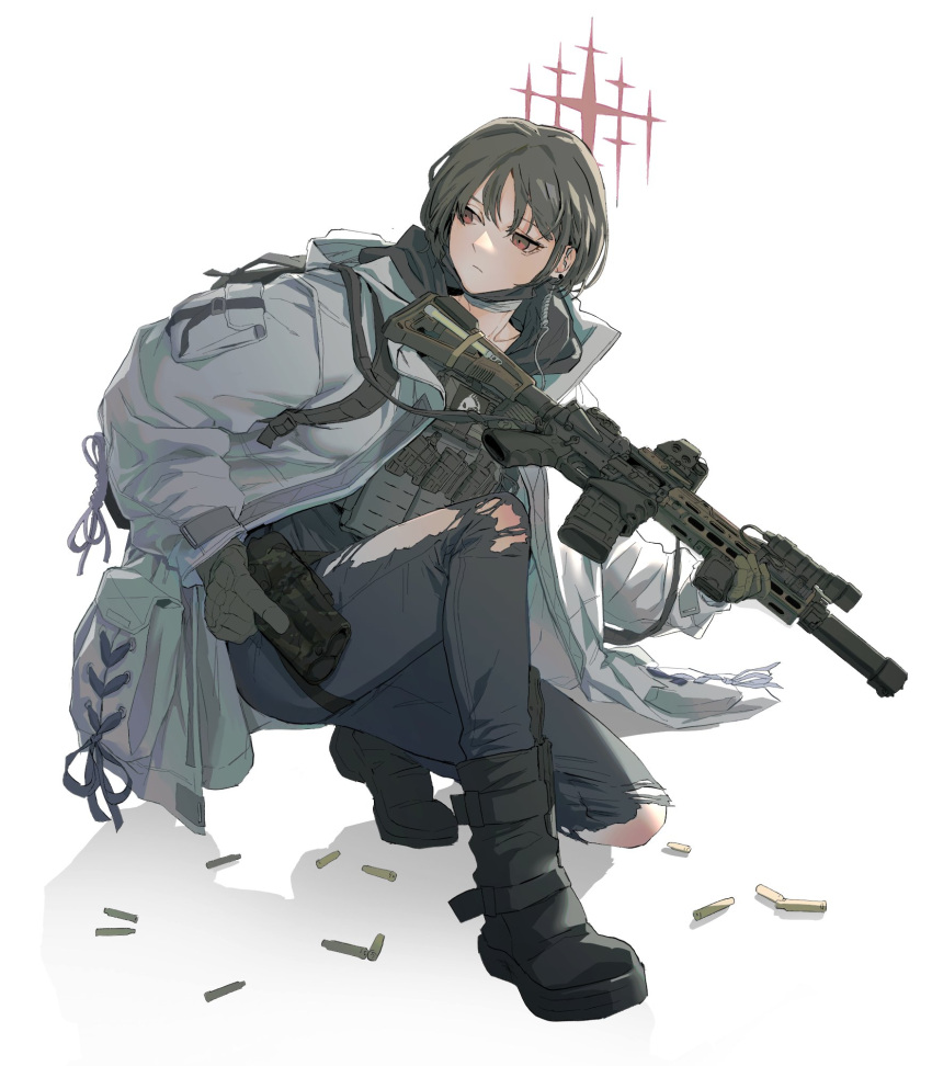 1girl, ammunition_pouch, assault_rifle, bandaged_neck, bandages, black_hair, coat, earpiece