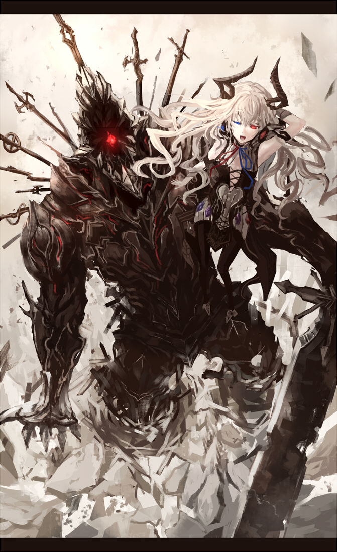 black_legwear, black_thighhighs, dress, glowing, glowing_eye, hand_behind_head, heterochromia, horns