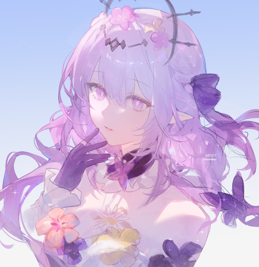 1girl, absurdres, black_tiara, blue_background, bug, butterfly, castorice_(honkai:_star_rail), commentary, detached_collar, detached_sleeves, dress, flower, gloves, gradient_background, highres, honkai:_star_rail, honkai_(series), long_hair, nekomeen, parted_lips, pointy_ears, purple_butterfly, purple_gloves, purple_hair, sketch, solo, tiara, twitter_username, upper_body, violet_eyes, white_dress