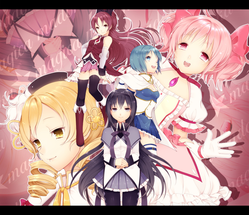 akemi_homura, bad_id, bare_shoulders, black_hair, black_legwear, blonde_hair, blue_hair, bubble_skirt