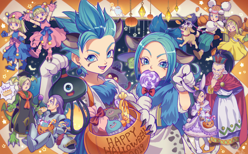 2019, 6+boys, 6+girls, :d, aged_down, alternate_costume, animal_ears, black_tabard