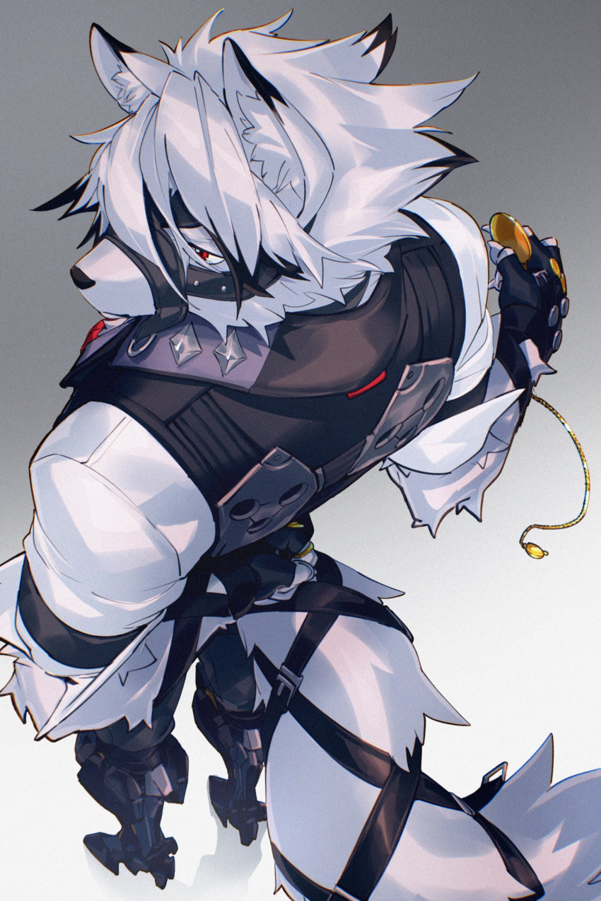 1boy, animal_ears, black_gloves, black_vest, closed_mouth, colored_tips, commentary, fingerless_gloves