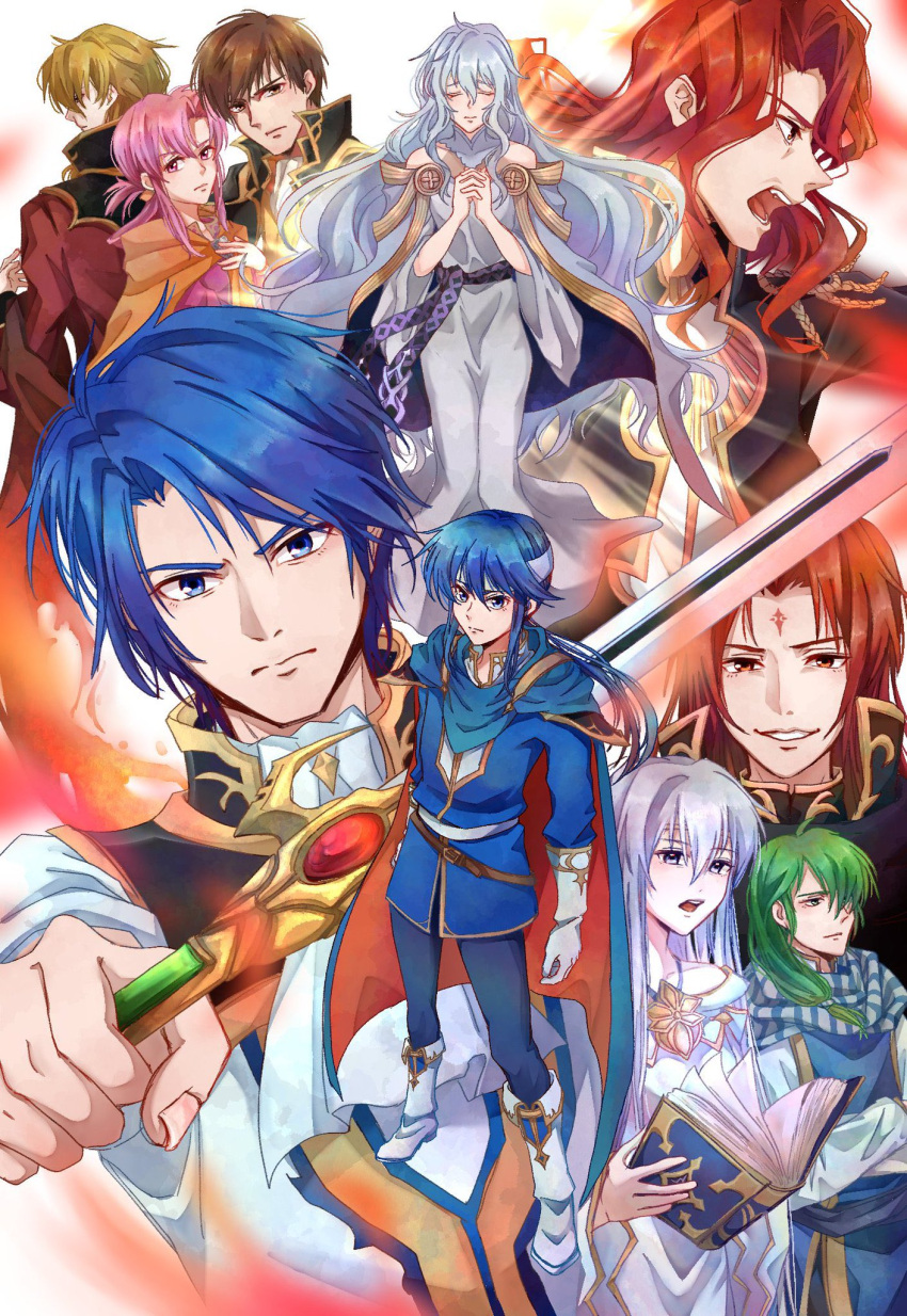 3girls, 6+boys, arvis_(fire_emblem), blonde_hair, blue_eyes, blue_hair, book, brother_and_sister