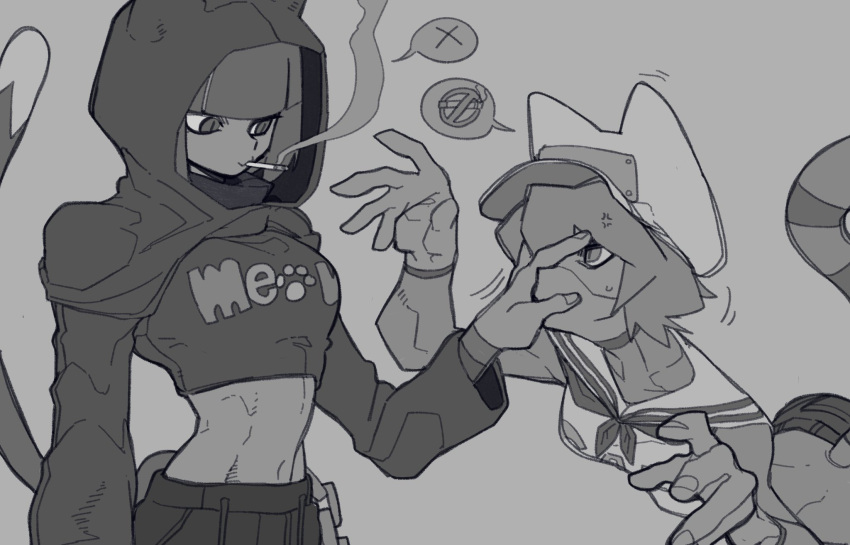 2girls, anger_vein, animal_ears, blunt_bangs, bone_nigi, cat_ears, cat_girl, cat_tail, catty_(bone_nigi), cigarette, cropped_jacket, greyscale, hand_on_another's_face, hat, highres, image_in_speech_bubble, kurogai_(bone_nigi), looking_at_another, midriff, monochrome, multiple_girls, navel, original, sailor_collar, short_hair, slit_pupils, smoking, speech_bubble, sweatdrop, tail, upper_body
