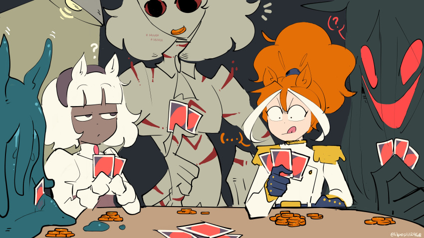 ..., 5girls, :<, ?, a_mysterious_figure, absurdres, animal_ears, ascot, belt, black_eyes, blue_gloves, blunt_bangs, brown_eyes, card, carrot, collared_shirt, colored_sclera, constricted_pupils, cuts, dark-skinned_female, dark_skin, dot_nose, eating, english_commentary, epaulettes, food_in_mouth, garbage_bin_(horse_race_tests), gloves, hair_between_eyes, hanging_light, high_ponytail, highres, holding, holding_card, horse_ears, horse_girl, horse_race_tests, injury, jacket, jitome, jovial_merryment, juliet_sleeves, knighttime_knifemare, lilpoplil2468, long_hair, long_sleeves, medium_hair, monster, monster_girl, multicolored_hair, multiple_girls, notice_lines, orange_hair, poker_chip, ponytail, puffy_sleeves, red_eyes, red_sclera, shirt, slime_girl, spoken_ellipsis, streaked_hair, superstitional_realism, table, tongue, tongue_out, twitter_username, two-tone_hair, uno_(game), very_long_hair, white_hair, white_jacket, white_shirt, white_streaks, wide_ponytail