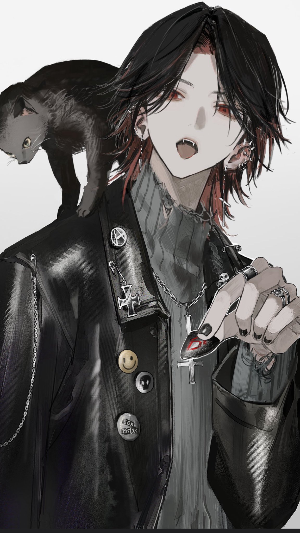 1boy, animal_on_shoulder, black_cat, black_hair, black_jacket, black_nails, cat, chain