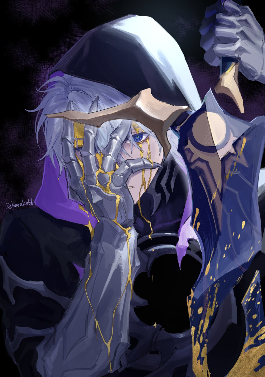 1boy, ahoge, akabane_yu, artist_name, black_cloak, blue_eyes, clawed_gauntlets, cloak