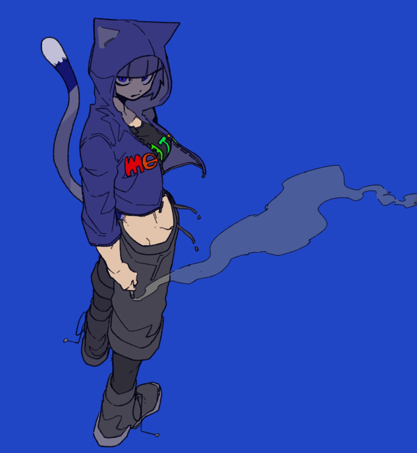 1girl, animal_ears, blue_background, blue_eyes, blue_hair, blue_jacket, blunt_bangs, bone_nigi