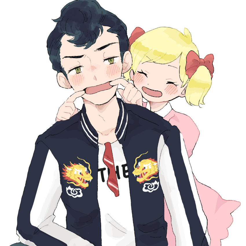 1boy, 1girl, ana_(mother), black_hair, blonde_hair, blush, bow, closed_eyes, dragon, dress, forced_smile, green_eyes, hair_bow, highres, mother_(series), mother_1, open_mouth, pink_dress, possum_pix08, red_bow, short_twintails, smile, sweater, teddy_(mother), twintails