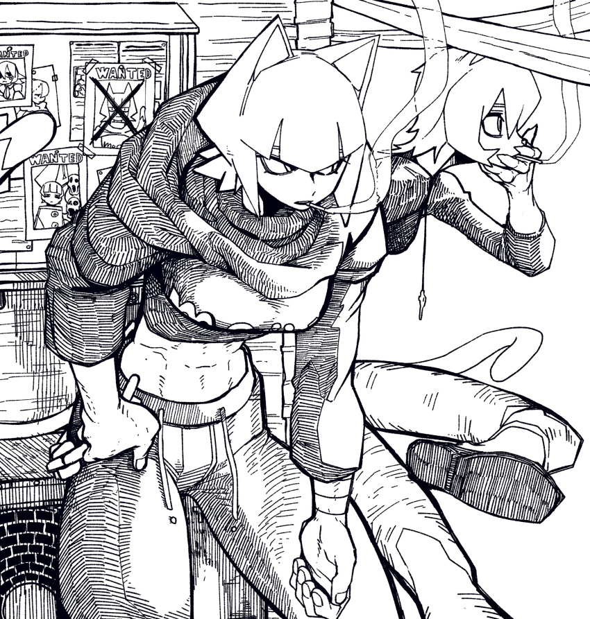 2girls, animal_ears, bone_nigi, breasts, cat_ears, cat_girl, cat_tail, cigarette