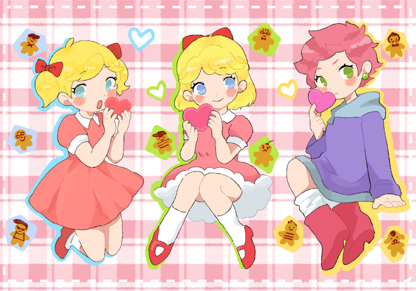 3girls, ana_(mother), blonde_hair, blue_eyes, blush, boots, bow, dress, gingerbread_man, green_eyes, hair_bow, heart, highres, kumatora, looking_at_viewer, mother_(series), mother_1, mother_2, mother_3, multiple_girls, open_mouth, paula_(mother_2), pink_dress, pink_hair, possum_pix08, red_boots, red_bow, red_shoes, shoes, short_twintails, smile, socks, twintails, white_socks
