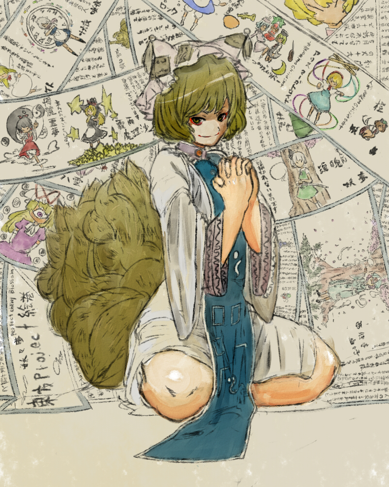 1girl, alice_margatroid, animal_ears, animal_hat, blonde_hair, blue_tabard, chen, everyone, eyeliner, fox_ears, fox_tail, hakurei_reimu, hat, izayoi_sakuya, kirisame_marisa, kitsune, knees, konpaku_youmu, letty_whiterock, lily_white, long_sleeves, looking_at_viewer, lunasa_prismriver, lyrica_prismriver, makeup, merlin_prismriver, mob_cap, multiple_tails, own_hands_together, perfect_cherry_blossom, rannsama_(pa), red_eyeliner, saigyouji_yuyuko, short_hair, sitting, smile, solo, tabard, tail, touhou, wariza, white_hat, yakumo_ran, yakumo_yukari, yellow_eyes