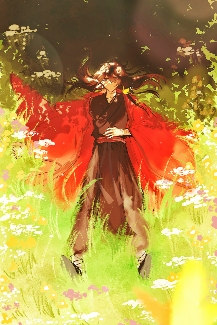 1boy, bandaged_ankle, bandaged_arm, bandages, black_hair, black_hanfu, black_nails, black_shoes