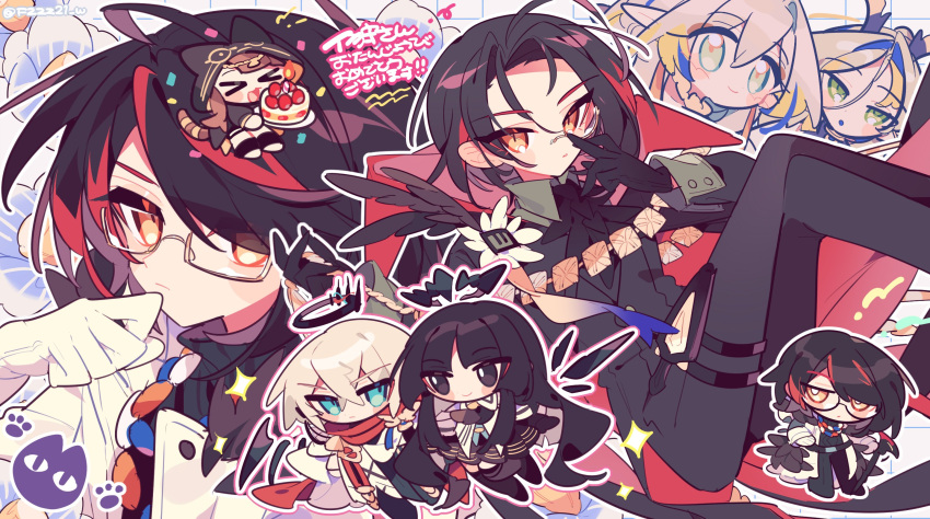 >_<, 3girls, 4boys, arknights, black_eyes, black_hair, black_hood, black_pants