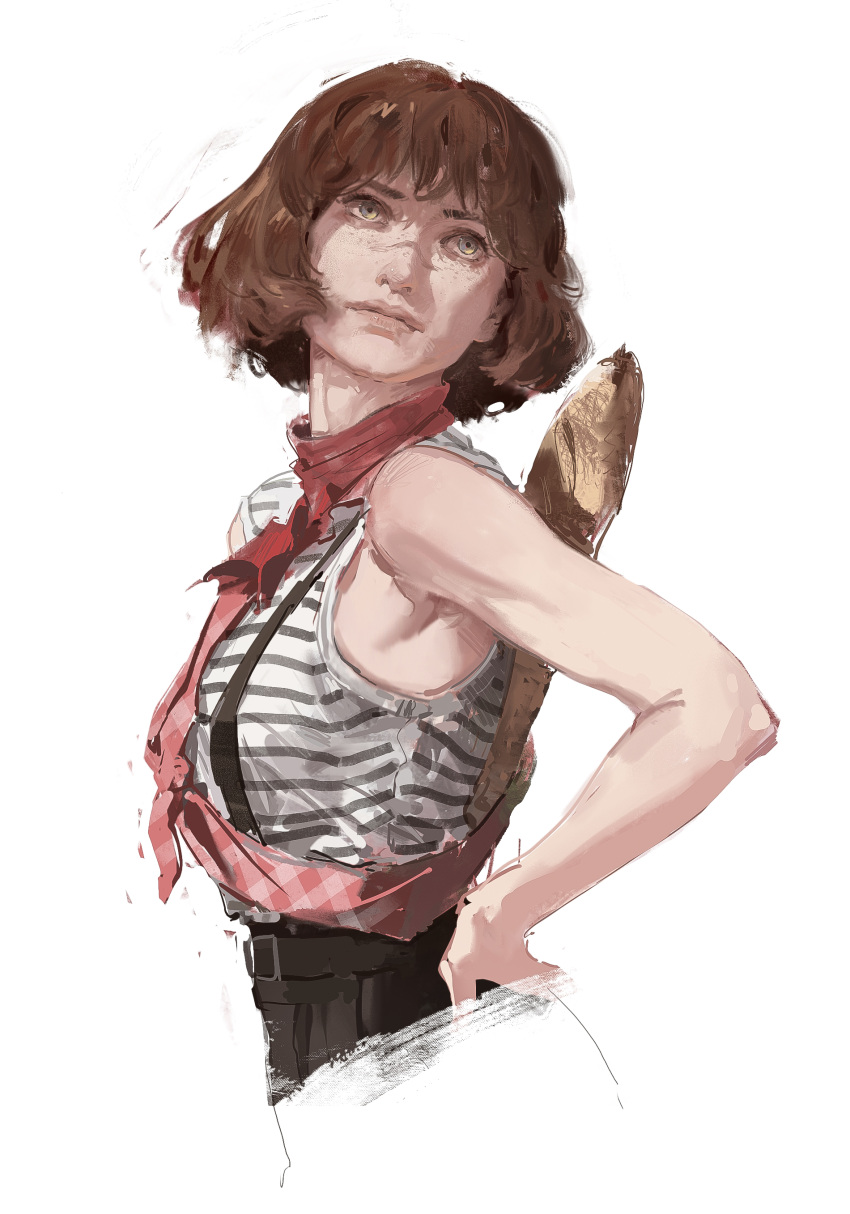1girl, absurdres, baguette, black_shirt, blue_eyes, bob_cut, bread, brown_hair, clair_obscur:_expedition_33, commentary, cropped_legs, dino_(dinoartforame), english_commentary, faux_traditional_media, food, hand_on_own_hip, highres, horizontal-striped_clothes, looking_to_the_side, looking_up, multicolored_eyes, painterly, pants, plaid_clothes, plaid_scarf, red_pants, red_scarf, scar, scar_on_face, scar_on_nose, scarf, sciel_(clair_obscur:_expedition_33), shirt, short_hair, simple_background, sleeveless, sleeveless_shirt, solo, striped_clothes, striped_shirt, suspenders, two-tone_shirt, white_background, white_shirt, yellow_eyes