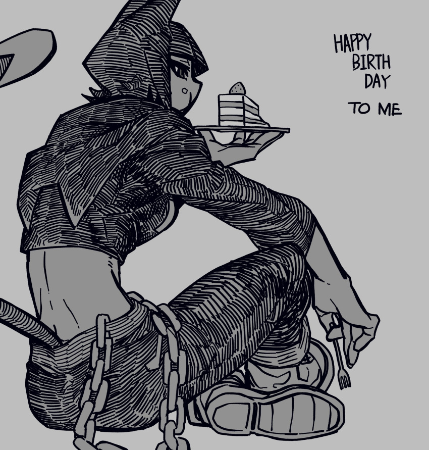 1girl, animal_ears, bone_nigi, cake, cake_slice, cat_ears, cat_girl, cat_tail, cropped_jacket, eating, english_text, food, fork, greyscale, highres, holding, holding_fork, holding_plate, kurogai_(bone_nigi), midriff, monochrome, original, plate, short_hair, sitting, solo, tail