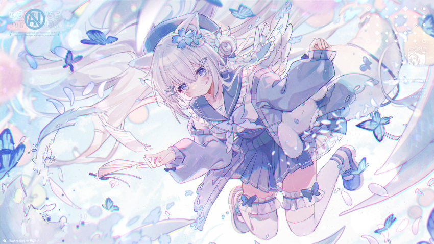 1girl, animal_ears, artist_logo, artist_name, beret, blue_butterfly, blue_flower, blue_hat