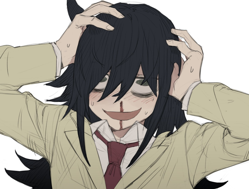 bags_under_eyes, black_hair, blazer, blood, hair_between_eyes, hands_on_own_head, highres, jacket, kuroki_tomoko, looking_up, messy_hair, mojyo, necktie, nosebleed, open_mouth, p_(pm_611a), red_necktie, school_uniform, sweat, watashi_ga_motenai_no_wa_dou_kangaetemo_omaera_ga_warui!