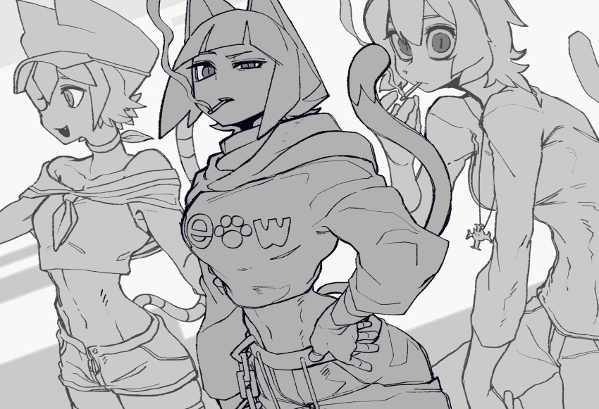 3girls, animal_ears, bad_link, blunt_bangs, bone_nigi, breasts, cat_ears, cat_girl, cat_tail, catty_(bone_nigi), chain, cigarette, collarbone, cropped_jacket, greyscale, hand_on_own_hip, highres, kurogai_(bone_nigi), looking_at_viewer, looking_to_the_side, midriff, monochrome, multiple_girls, navel, open_mouth, original, sailor_collar, short_shorts, shorts, simple_background, slit_pupils, smoking, tail