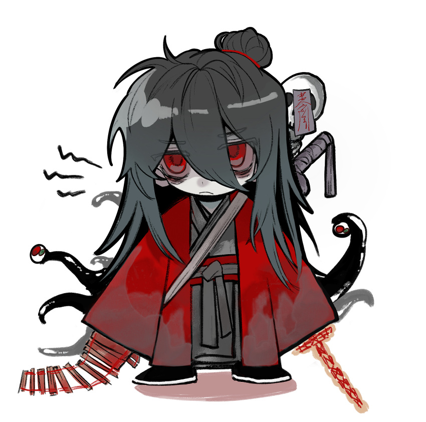 1boy, bags_under_eyes, bamboo_slips, black_hair, black_hanfu, black_shoes, bone, ch189615, chibi, chibi_only, chinese_clothes, chinese_commentary, closed_mouth, coat, coin, coin_sword, creature, dao_gui_yi_xian, eyeball, full_body, hair_between_eyes, hair_bun, hanfu, highres, holding, holding_scroll, holding_sword, holding_weapon, holed_coin, li_huowang, li_sui_(tentacles), long_hair, long_sleeves, looking_at_viewer, male_focus, ofuda, red_coat, red_eyes, robe, scroll, shaded_face, shoes, shoulder_belt, shout_lines, simple_background, single_hair_bun, skull, sleeves_past_fingers, sleeves_past_wrists, solo, spine, spine_sword, standing, sword, sword_on_back, sword_tassel, talisman, tentacles, very_long_sleeves, weapon, weapon_on_back, white_background