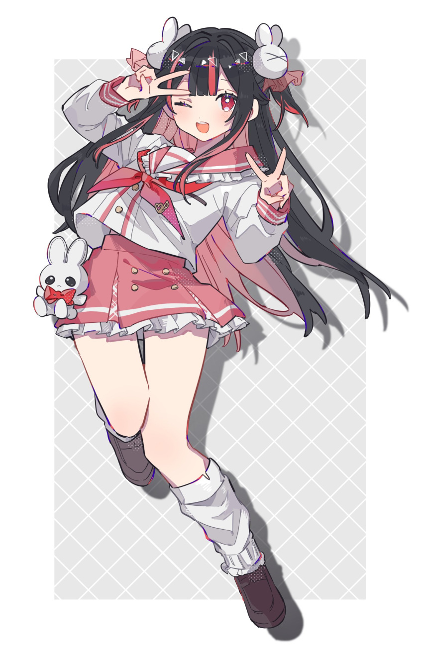 1girl, ;d, argyle_background, arm_up, bare_legs, black_hair, blunt_bangs, border, brown_shoes, collar, colored_inner_hair, commission, double-parted_bangs, double_v, drop_shadow, flat_chest, frilled_collar, frills, full_body, grey_background, hair_ornament, hand_up, happy, high-waist_skirt, highres, indie_virtual_youtuber, knee_up, leg_warmers, loafers, long_hair, long_sleeves, multicolored_hair, neckerchief, one_eye_closed, open_mouth, outside_border, pink_eyes, pink_hair, pink_neckerchief, pink_sailor_collar, pink_skirt, pink_trim, rabbit_hair_ornament, sailor_collar, sailor_shirt, second-party_source, shirt, shoes, skeb_commission, skirt, smile, solo, streaked_hair, stuffed_animal, stuffed_rabbit, stuffed_toy, teeth, two_side_up, upper_teeth_only, v, white_border, white_leg_warmers, white_shirt, yayoripain, yumeru_mirin