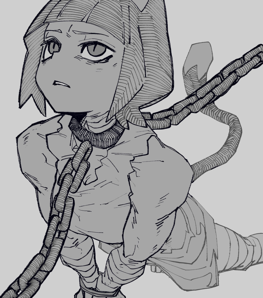 1girl, animal_ears, blunt_bangs, bone_nigi, cat_ears, cat_girl, cat_tail, chain, cuffs, from_above, grey_background, greyscale, highres, kurogai_(bone_nigi), monochrome, original, shackles, short_hair, simple_background, slit_pupils, solo, tail