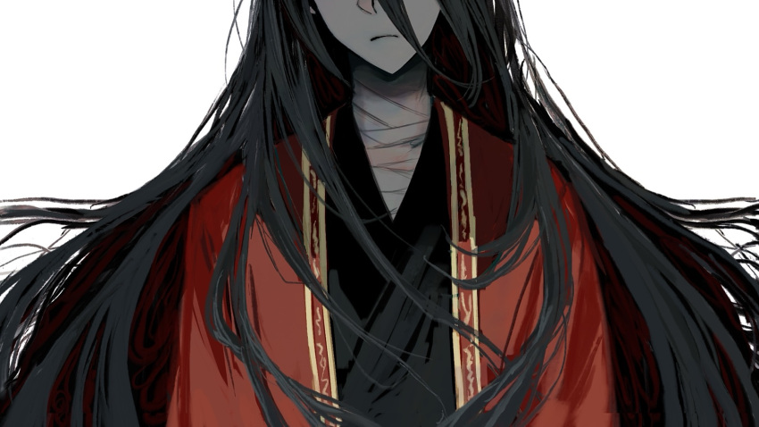 1boy, bandaged_neck, bandages, black_hair, black_hanfu, ch189615, chinese_clothes, chinese_commentary