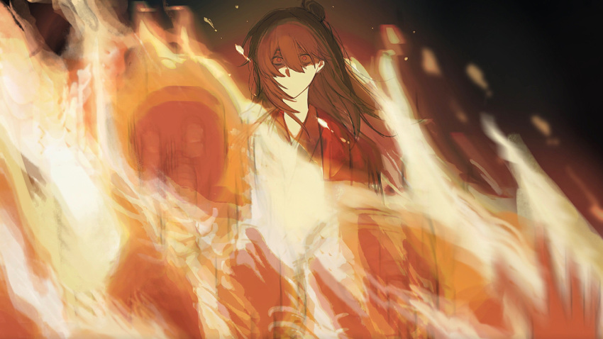 1boy, 2others, black_hair, black_hanfu, brown_hair, burning, ch189615, chinese_clothes