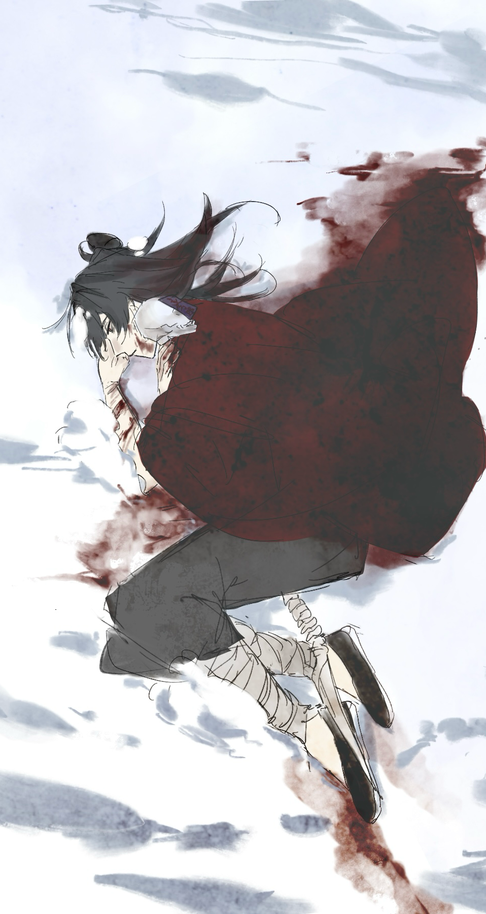 1boy, bandaged_arm, bandaged_leg, bandages, black_hair, black_hanfu, black_pants, black_shoes