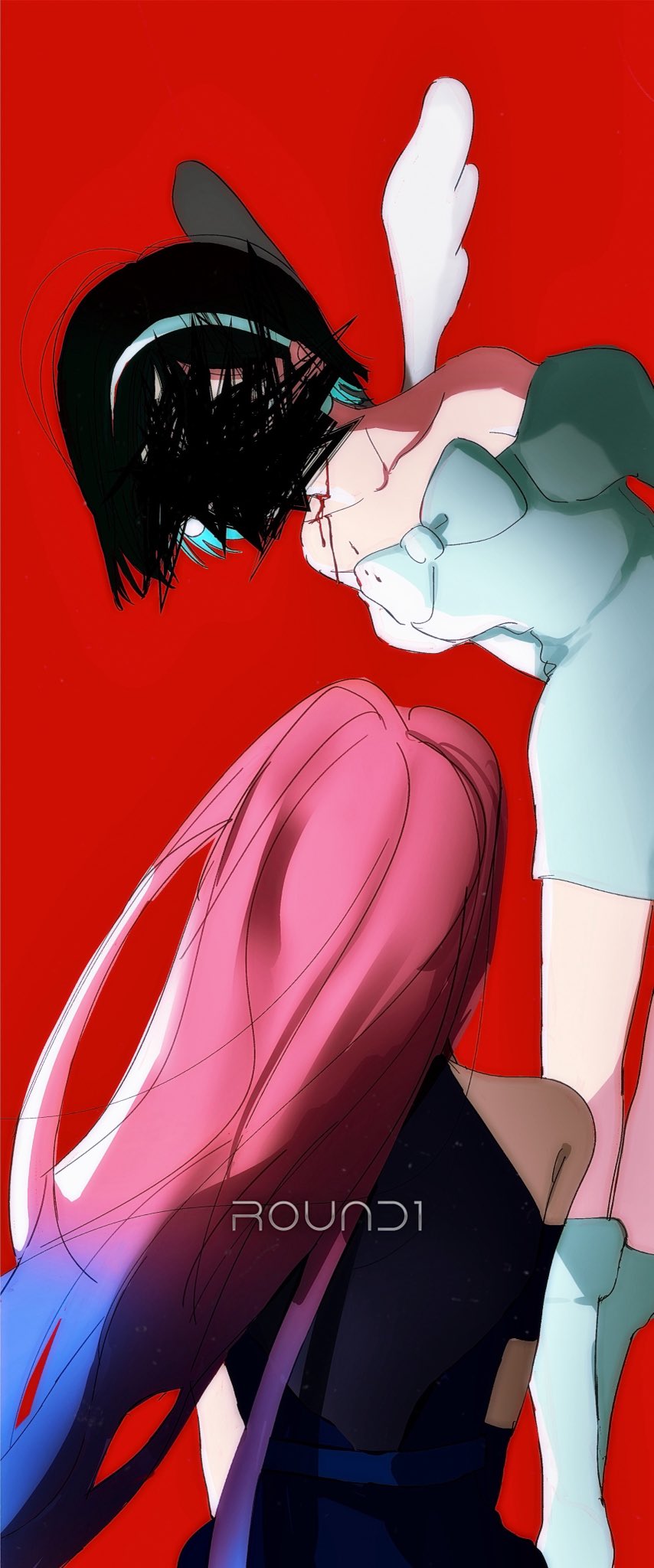 17ioxn, 2girls, alien_stage, black_dress, black_hair, blue_hair, bow, chest_bow