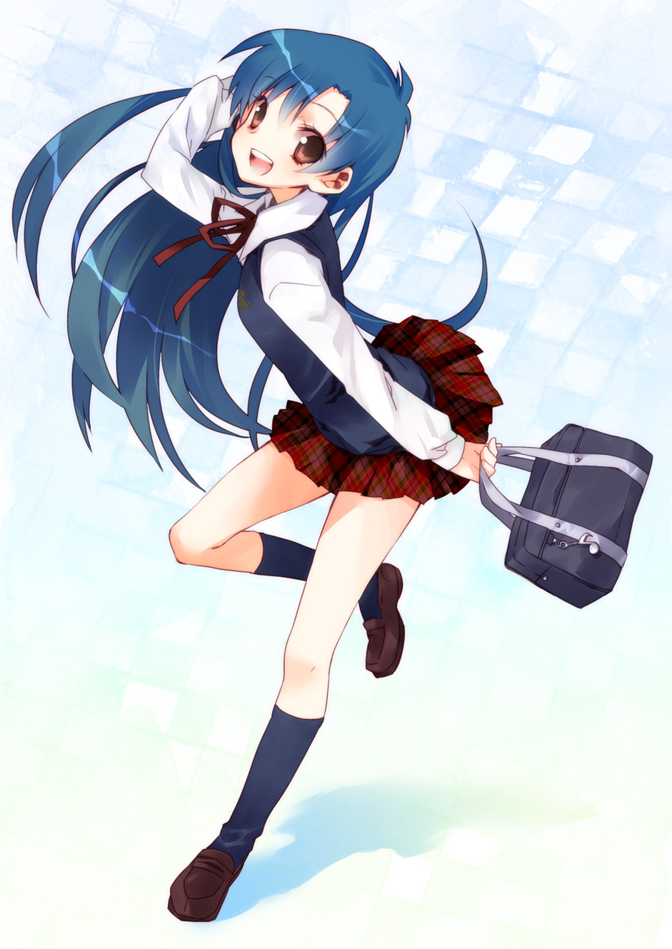 :d, bag, blue_hair, blue_legwear, blue_socks, brown_eyes, checkered, checkered_skirt, ech, footwear, hair_tucking, hand_to_face, highres, idolmaster, kisaragi_chihaya, kneehighs, leaning_forward, loafers, long_hair, open_mouth, plaid, plaid_skirt, school_bag, school_uniform, shoes, skirt, smile, socks, solo, standing_on_one_leg, sweater_vest, the_best_schoolmate_(idolmaster), vest