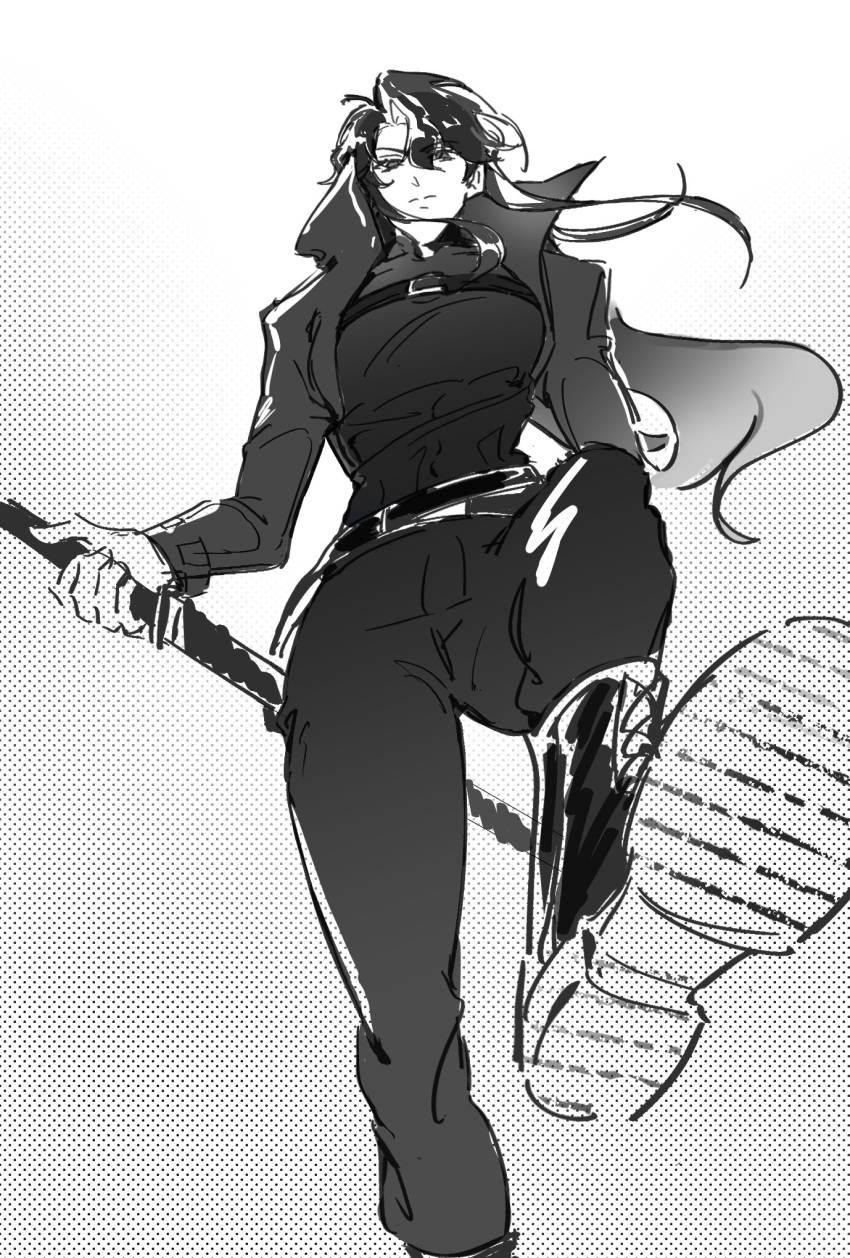 1girl, chest_belt, chinese_commentary, commentary_request, floating_hair, from_below, greyscale, highres, holding, holding_sword, holding_weapon, jacket, long_hair, monochrome, omniscient_reader's_viewpoint, pants, shirt, shoes, solo, sword, very_long_hair, weapon, yoo_joonghyuk, youyi494050