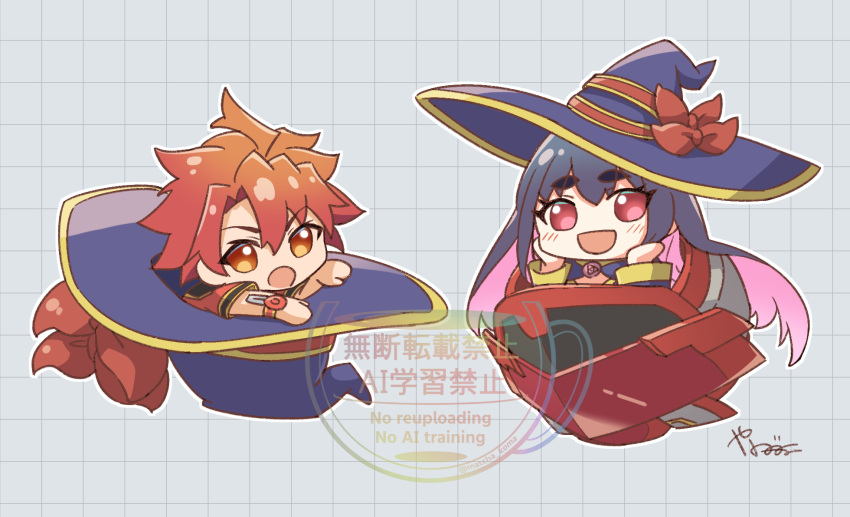 1boy, 1girl, asagaki_toogo, black_hair, black_hat, chibi, grey_background, hat