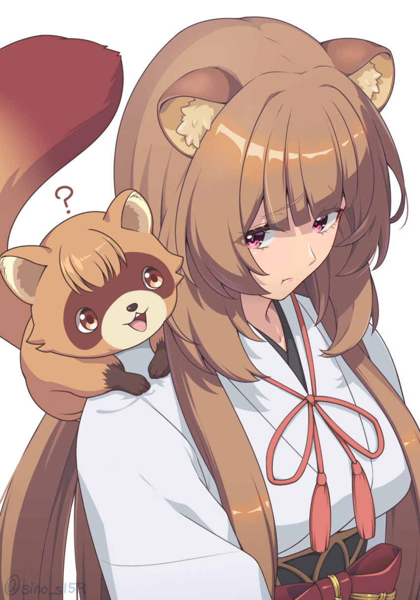 1girl, 1other, animal_ear_fluff, animal_ears, artist_name, blunt_bangs, breasts, brown_hair
