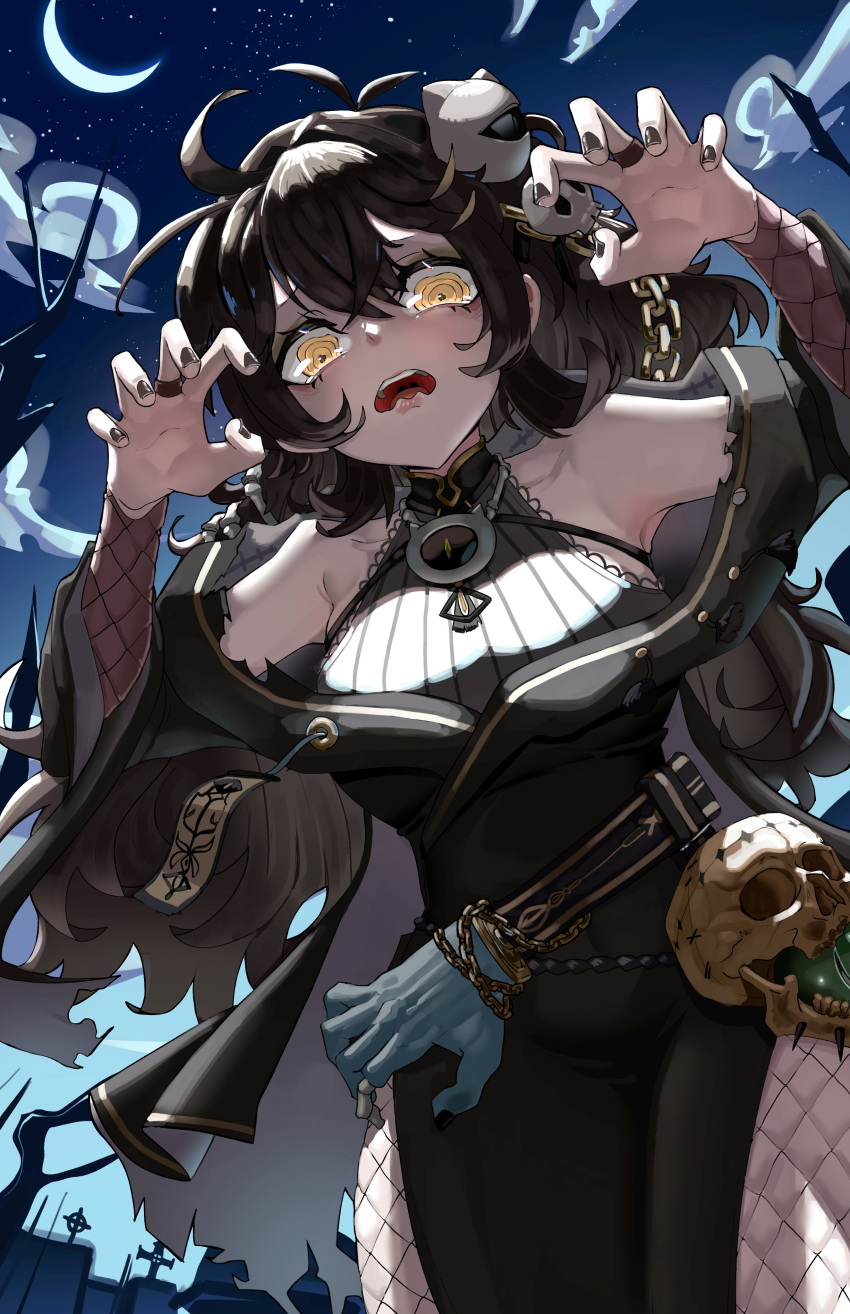 absurdres, bare_shoulders, black_dress, black_hair, black_nails, breasts, capelet, chain