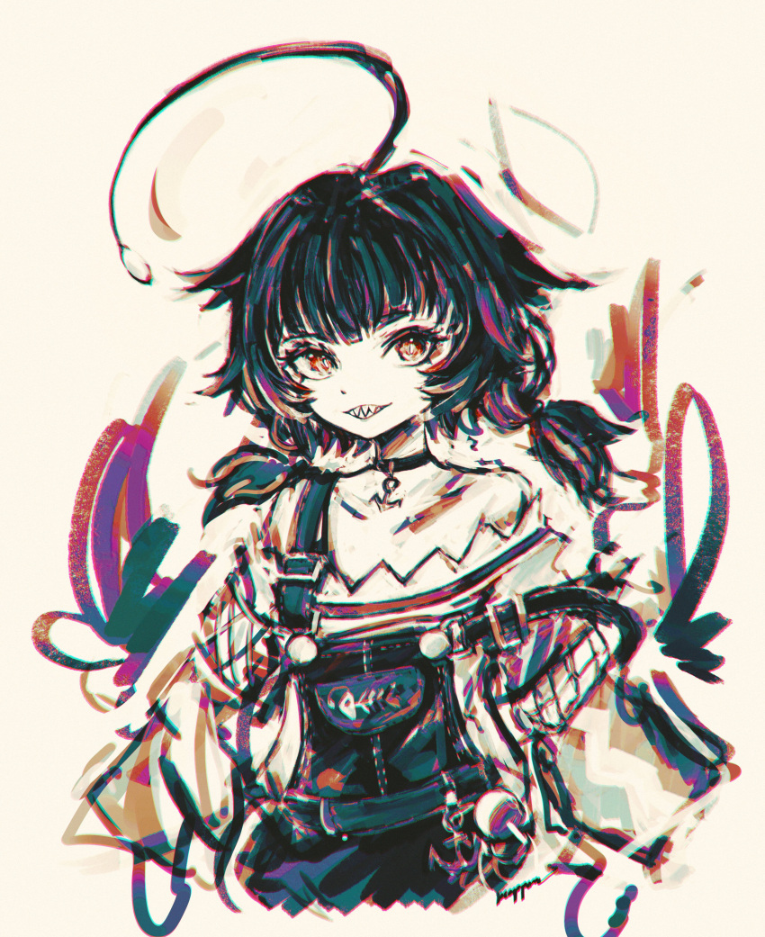 1girl, absurdres, anglerfish_girl, blue_hair, blue_overalls, choker, english_commentary, fish_girl, fish_skeleton, fishing_lure, heart, heart-shaped_hair, highres, indie_virtual_youtuber, jewelry, kitanya_nyanta, merpperoni, necklace, overalls, pale_skin, partially_colored, pastel_(medium), red_eyes, sharp_teeth, short_twintails, single_bare_shoulder, sketch, teeth, traditional_media, twintails, upper_body, virtual_youtuber