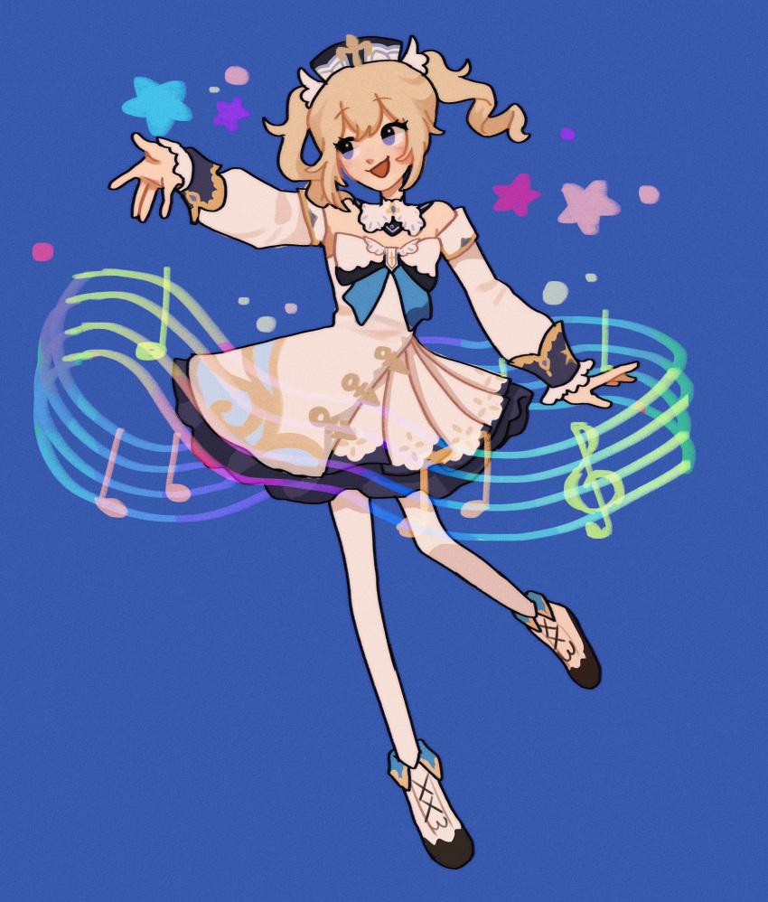 1girl, barbara_(genshin_impact), bare_shoulders, blonde_hair, blue_eyes, blush, breasts, detached_sleeves