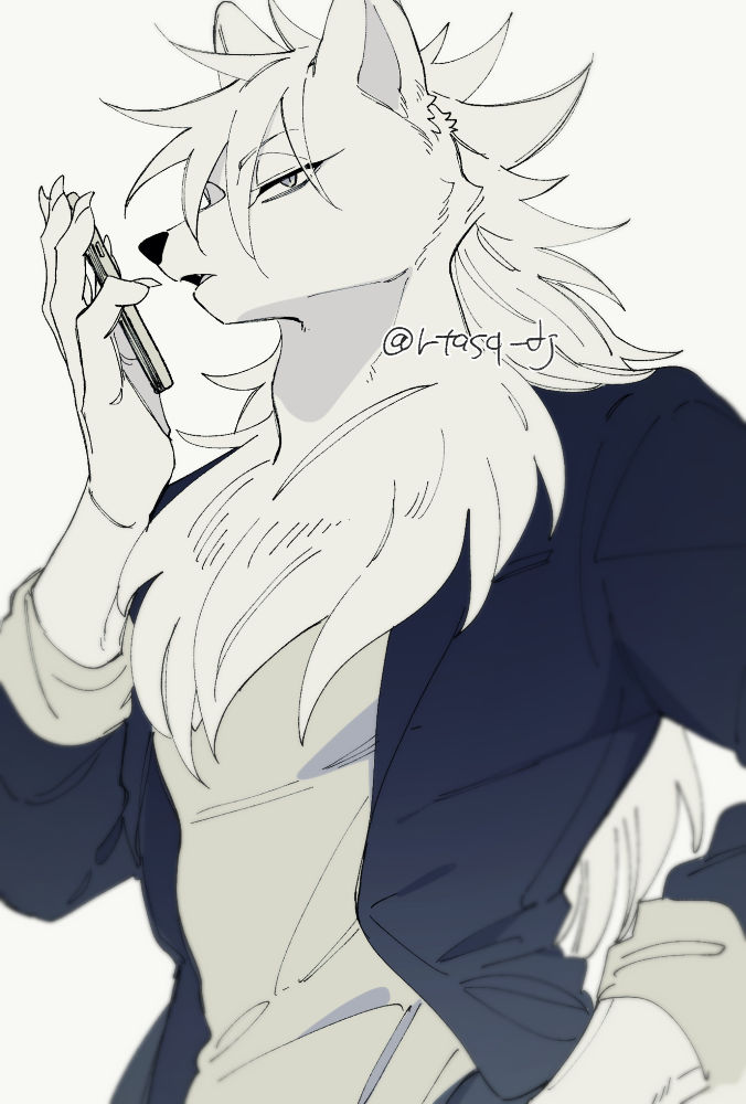 1boy, babeldj, body_fur, cellphone, claws, commentary_request, furry, furry_male