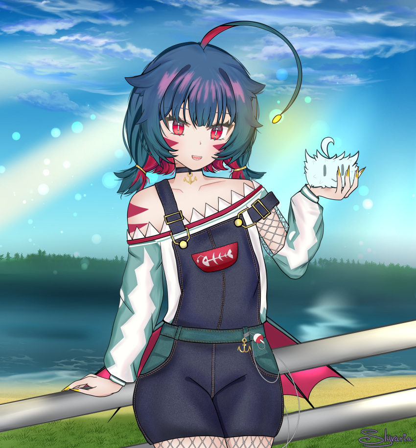 1girl, absurdres, ahoge, anchor_necklace, anglerfish_girl, bare_shoulders, bioluminescence, black_choker