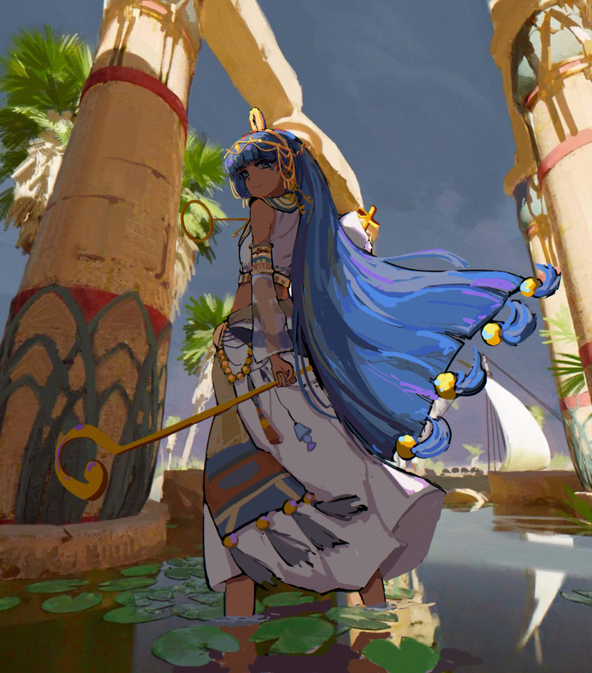1girl, alternate_costume, ancient_egyptian_clothes, beads, blue_eyes, blue_hair, blue_sky, blunt_bangs