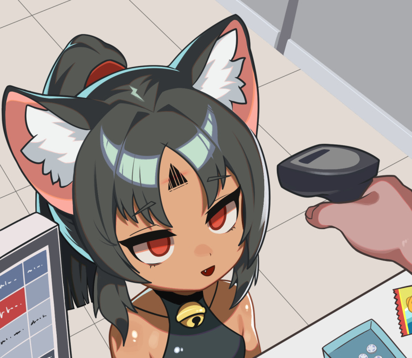 1girl, animal_ear_fluff, animal_ears, barcode, barcode_scanner, bare_shoulders, bell, black_hair