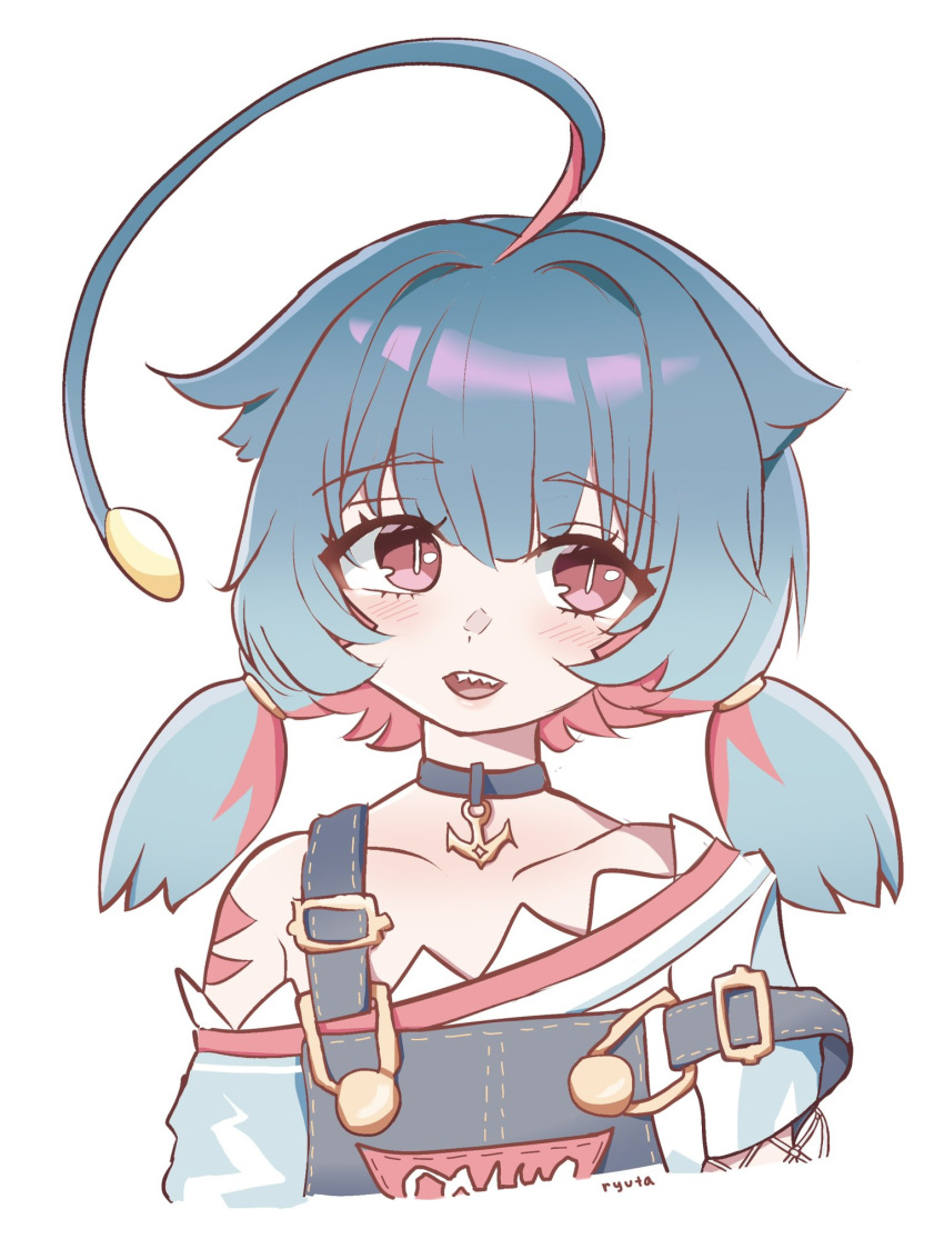 1girl, ahoge, anchor_necklace, anglerfish_girl, artist_name, bioluminescence, blue_hair, blue_overalls