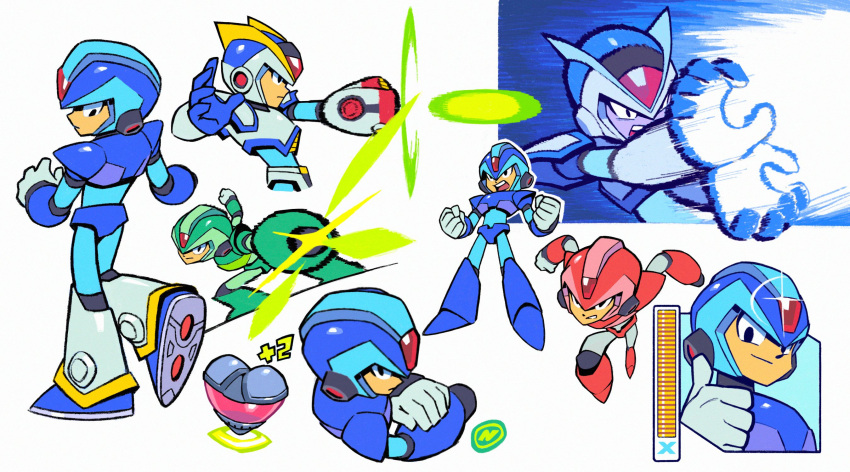 1boy, arm_cannon, armor, armored_boots, blue_armor, blue_gloves, blue_helmet, boots