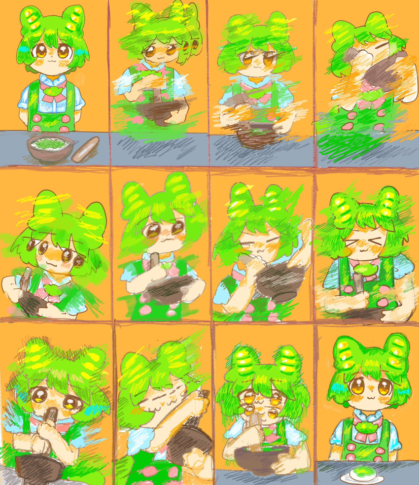 >_<, 1girl, :3, closed_eyes, closed_mouth, edamame, fine_art_parody, green_hair