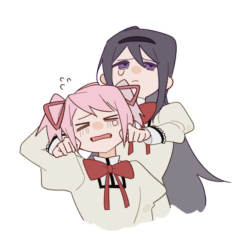 >_<, 2girls, akemi_homura, an9, arm_behind_head, black_hairband, bow, bowtie, brown_shirt, cheek_pinching, chinese_commentary, closed_mouth, collared_shirt, commentary_request, cropped_torso, dot_nose, embarrassed, flat_color, flying_sweatdrops, frown, grey_hair, hair_between_eyes, hair_ribbon, hairband, high_collar, juliet_sleeves, kaname_madoka, lace-trimmed_sleeves, lace_trim, long_hair, long_sleeves, mahou_shoujo_madoka_magica, mahou_shoujo_madoka_magica_(anime), mitakihara_school_uniform, multiple_girls, nervous, open_mouth, pinching, pink_hair, puffy_sleeves, red_bow, red_bowtie, red_ribbon, ribbon, school_uniform, shirt, short_hair, short_twintails, sidelocks, simple_background, tearing_up, twintails, very_long_hair, violet_eyes, white_background, white_sleeve_cuffs, yuri
