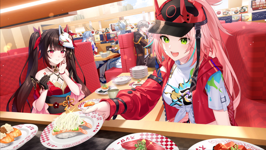 2boys, 4girls, absurdres, aqua_hair, baseball_cap, bell, black_gloves, black_jacket