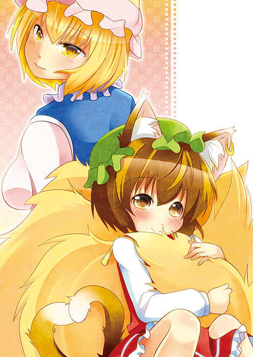 blonde_hair, blush, brown_hair, cat_ears, cat_tail, chen, earrings, fox_tail, hat, jewelry, looking_back, multiple_girls, multiple_tails, red_eyes, short_hair, smile, tail, tail_hug, takamoto_akisa, touhou, yakumo_ran, yellow_eyes